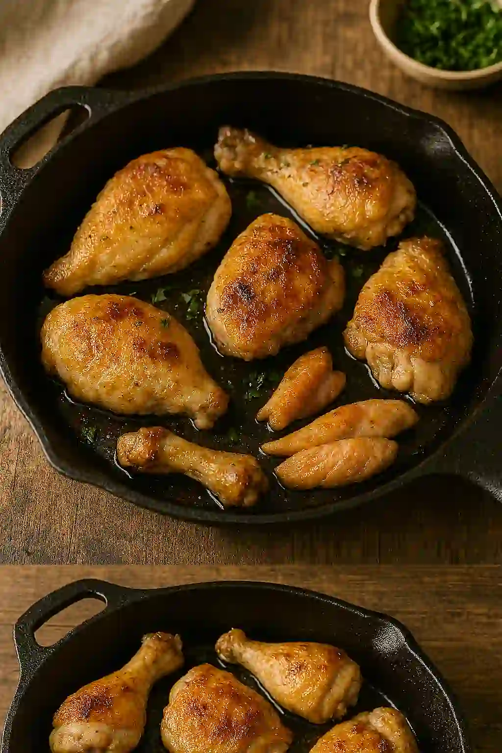 Golden-brown chicken drumsticks, thighs, and wings in a cast iron skillet on a wooden surface with a bowl of chopped parsley in the background