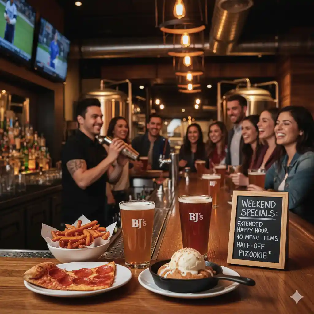 A "Weekend Specials" sign highlighting extended happy hour, 10 menu items, and half-off Pizookie, with craft beers, pizza, fries, and Pizookie on the bar, and happy customers with a bartender in the background.