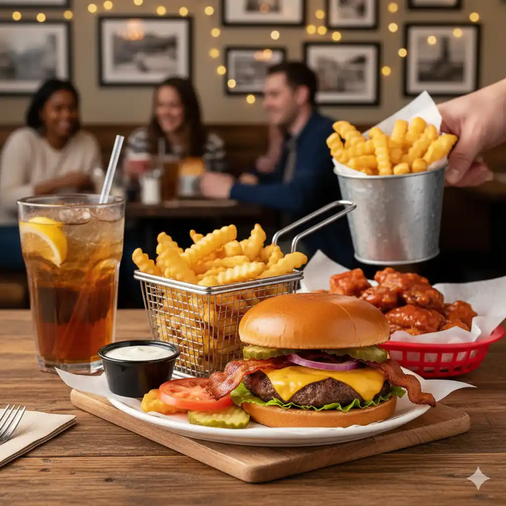 An Applebee's 9.99 meal deal with a bacon cheeseburger, endless fries, boneless wings, and iced tea, served on a wooden table with blurred diners in the background.