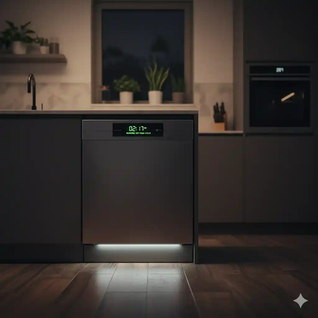 Modern dishwasher running in a dim kitchen at night, displaying a timer, suggesting off-peak energy hours for operation.