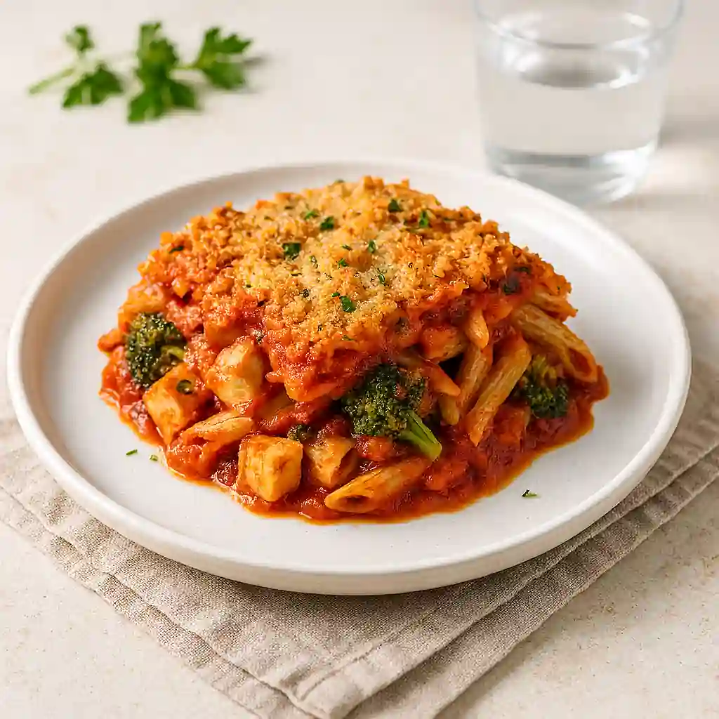 A golden-baked vegan casserole layered with tofu, broccoli, and pasta in tomato sauce, topped with a crispy breadcrumb crust and fresh parsley, plated in bright natural kitchen lighting.