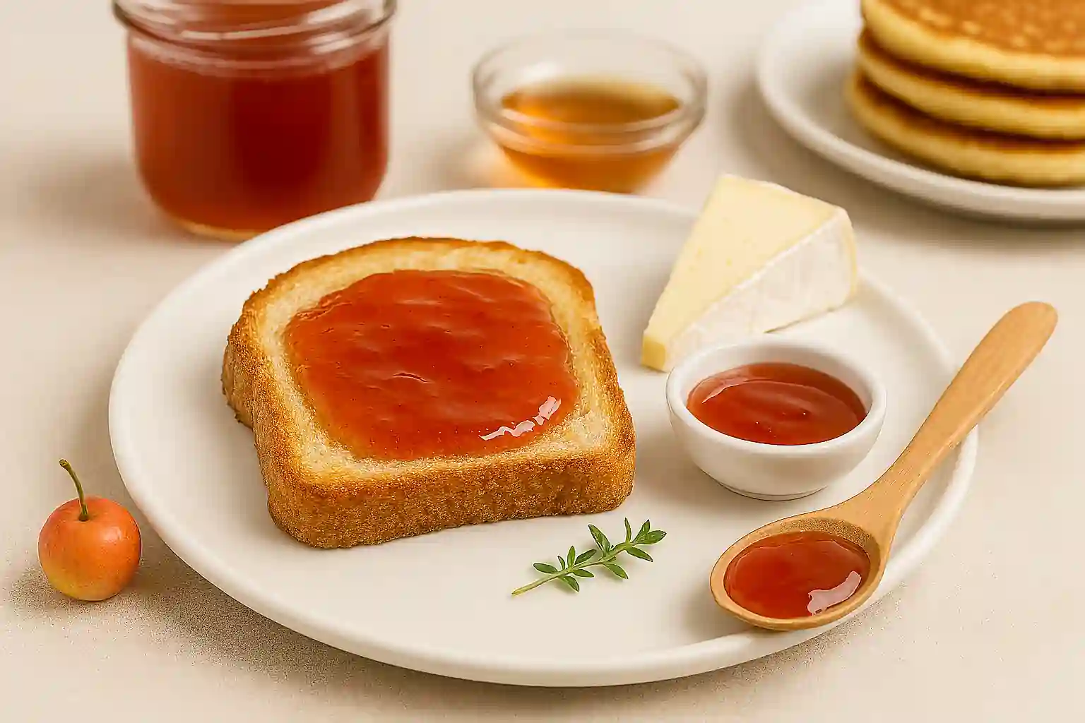 "Crab apple jelly spread on toast with pancakes, maple syrup, and jelly jar in bright kitchen light"