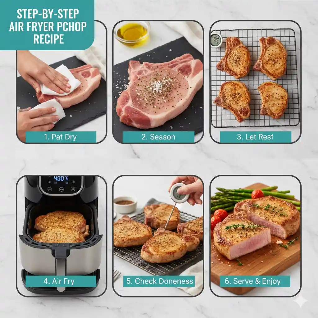 Six-panel infographic detailing a step-by-step air fryer pork chop recipe: patting dry, seasoning, resting, air frying, checking doneness, and serving with vegetables.