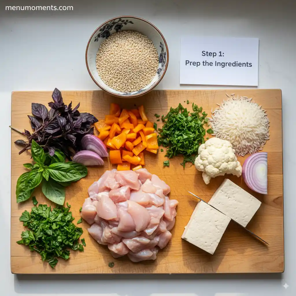 Overhead shot of diced chicken breast, tofu, quinoa, basmati rice, chopped bell peppers, red onions, fresh basil, parsley, and cauliflower florets on a wooden cutting board with 'menumoments.com' branding, illustrating recipe preparation.
