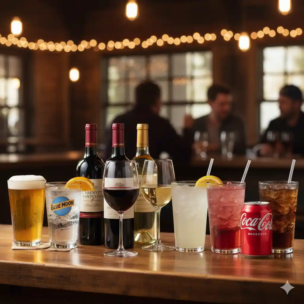 Assortment of drinks including a glass of beer, Blue Moon beer with an orange slice, red and white wine bottles and glasses, lemonade, raspberry iced tea, and a can of Coca-Cola with a glass of soda.