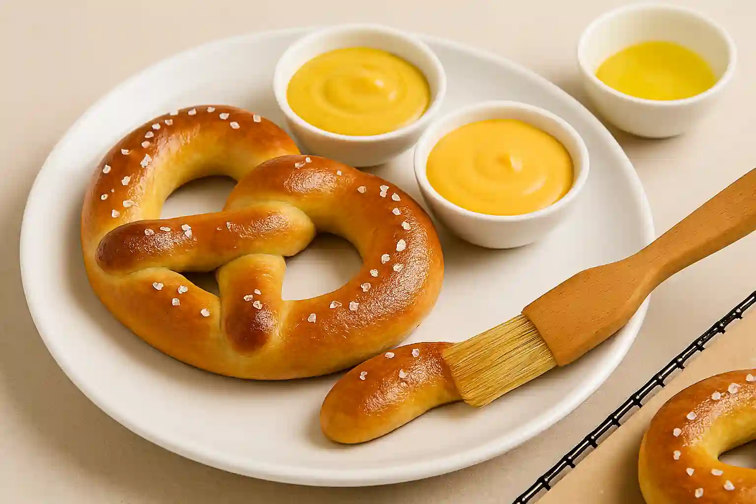 Golden-brown soft pretzels brushed with melted butter and served with cheese sauce, mustard, and sweet glaze