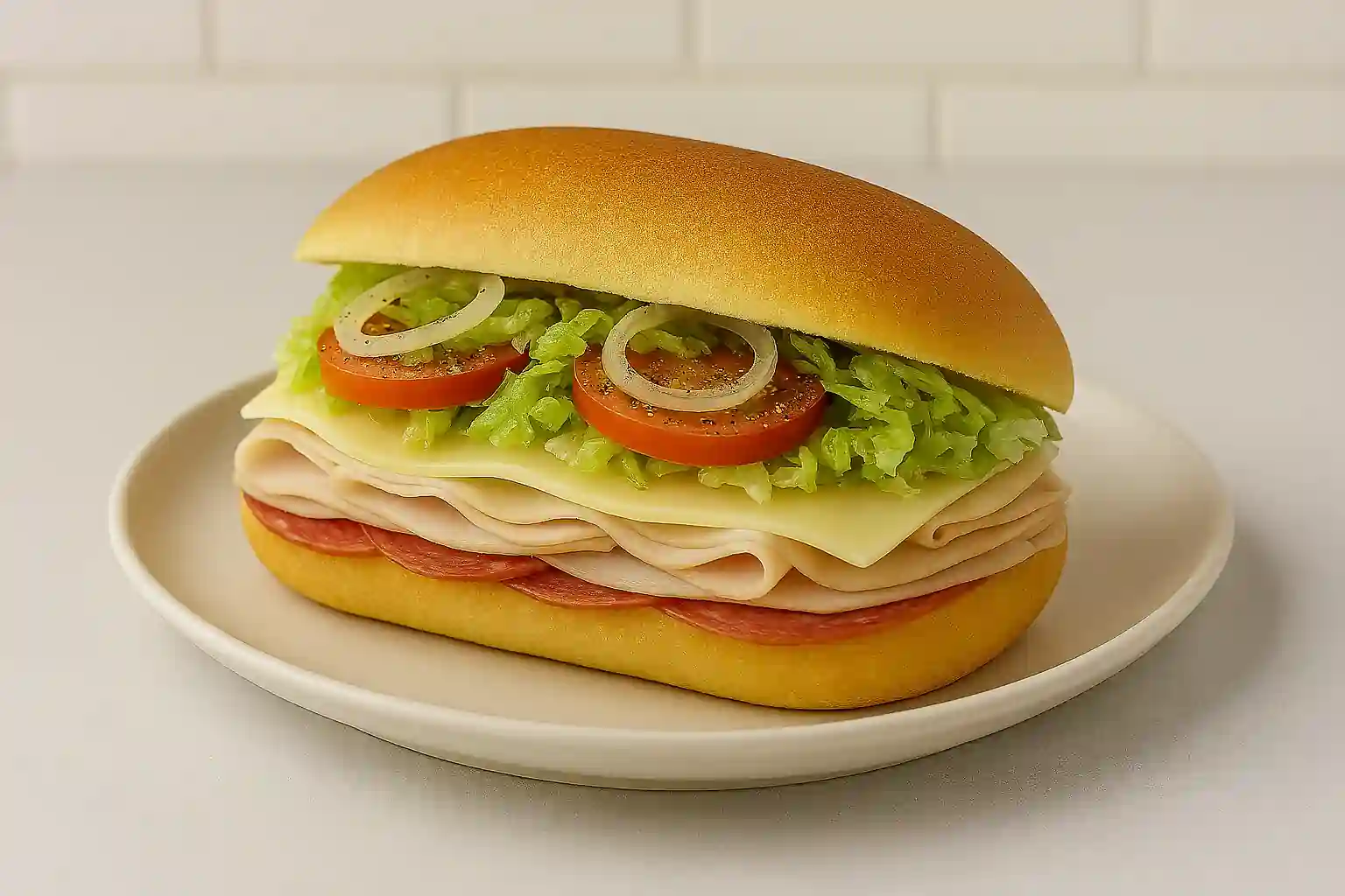 Turkey Italian hoagie sandwich with provolone cheese, lettuce, tomato, and onions on a crusty roll in bright kitchen setting