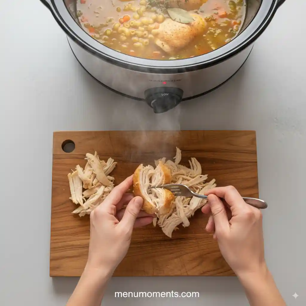 Hands using two forks to shred tender cooked chicken on a wooden cutting board, with the steaming crockpot of soup in the background. Branding