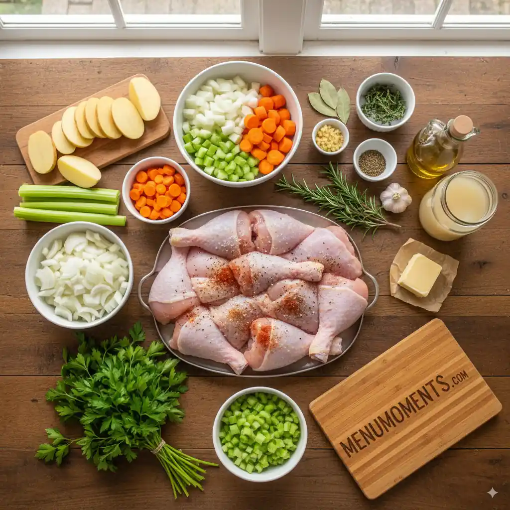 Overhead shot of neatly prepared ingredients for stoved chicken on a wooden table, including raw chicken pieces, sliced potatoes, chopped onions, carrots, celery, garlic, fresh herbs (parsley, thyme, rosemary), bay leaves, olive oil, butter, chicken stock, salt, and pepper. A cutting board branded "menumoments.com" is visible.