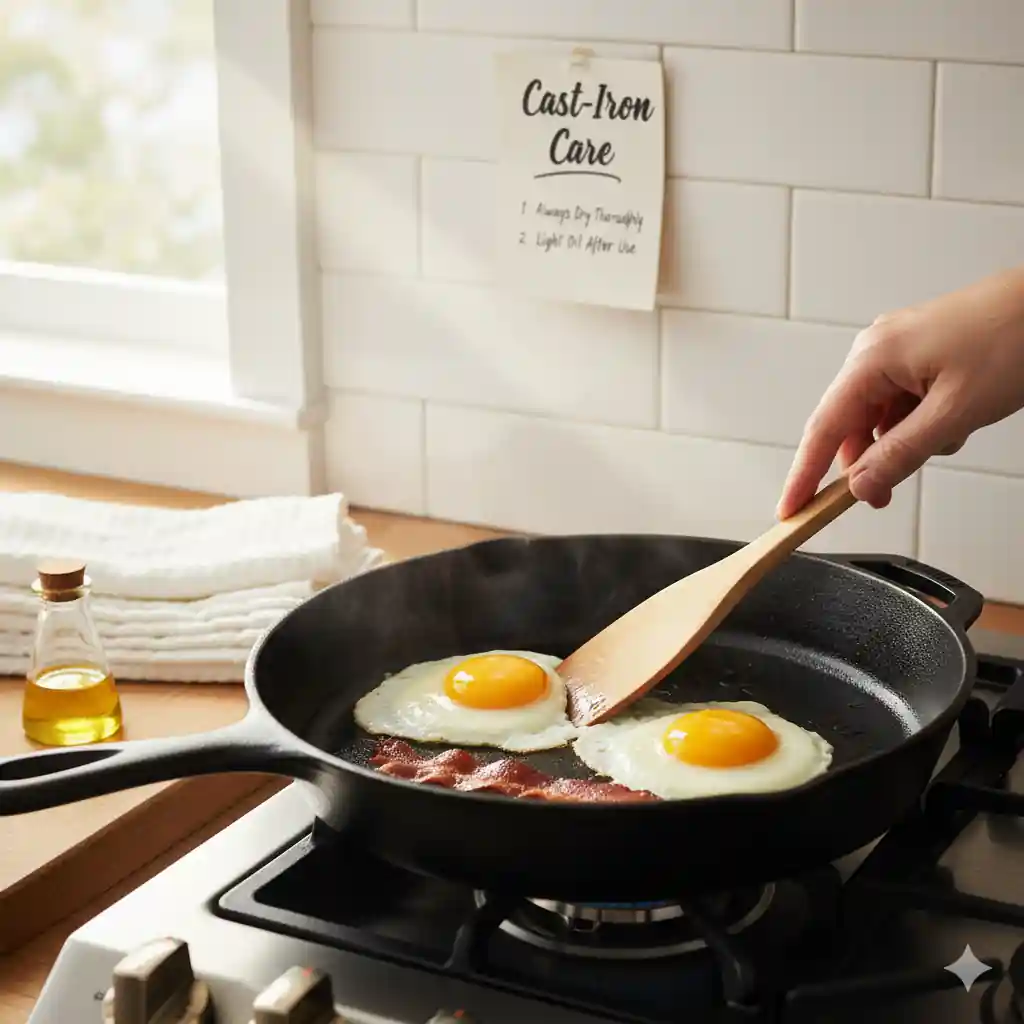 A hand flipping a fried egg in a cast iron skillet cooking bacon, with a "Cast-Iron Care" note on the wall providing maintenance tips.