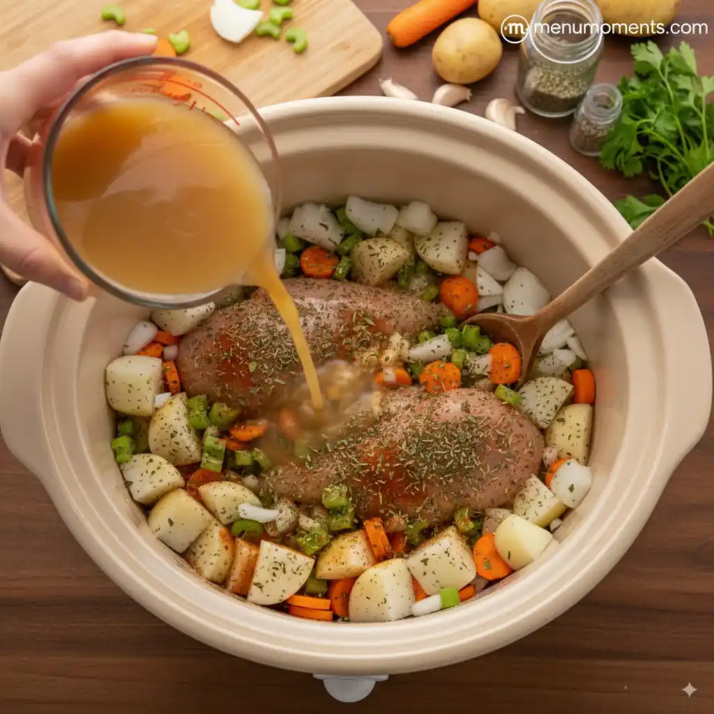 A hand pouring chicken stock into a crockpot containing seasoned chicken breasts and mixed vegetables. Branding: menumoments.com.