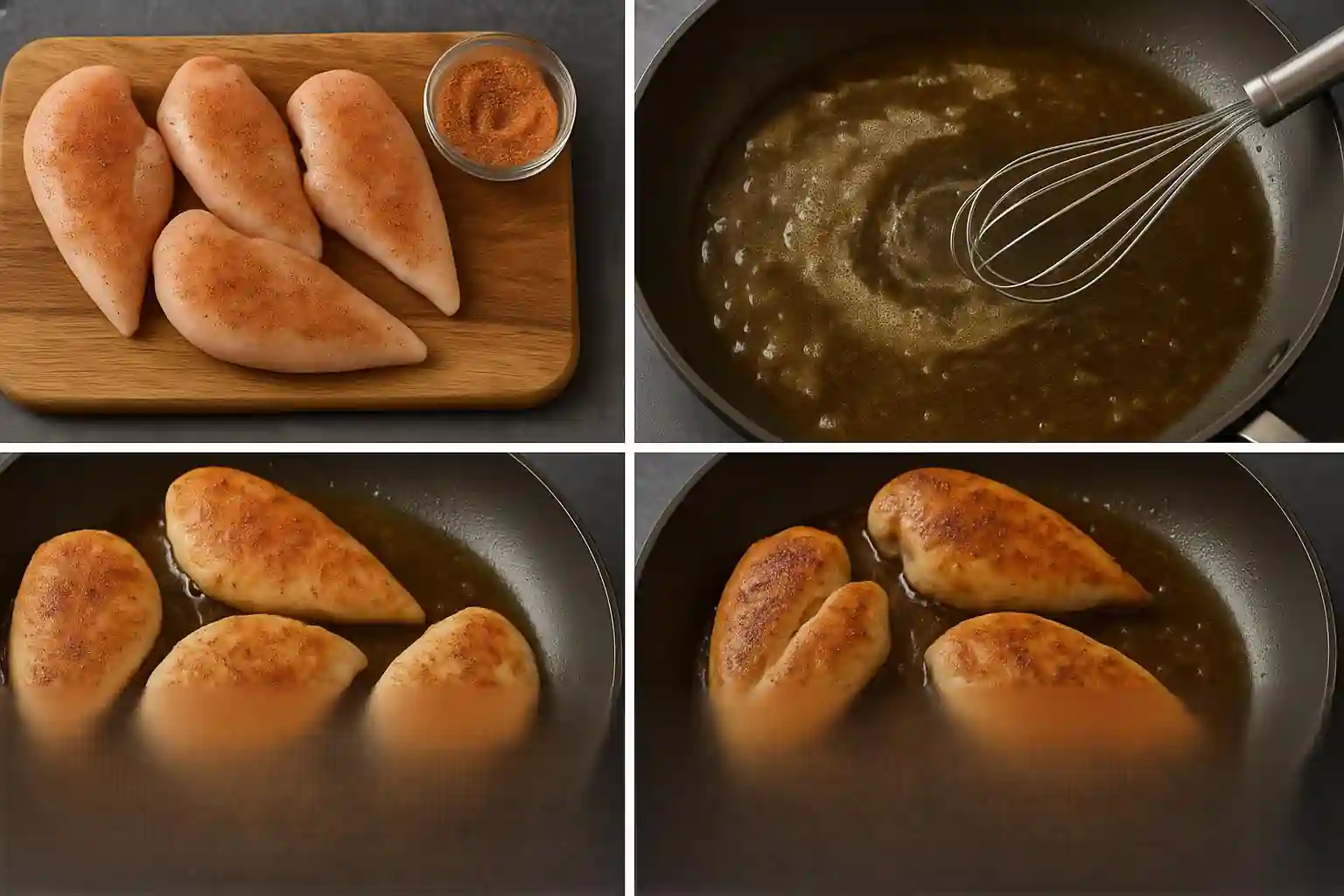 Raw pan-frying chicken breasts seasoned with spices on a wooden cutting board beside a bowl of spice mix
