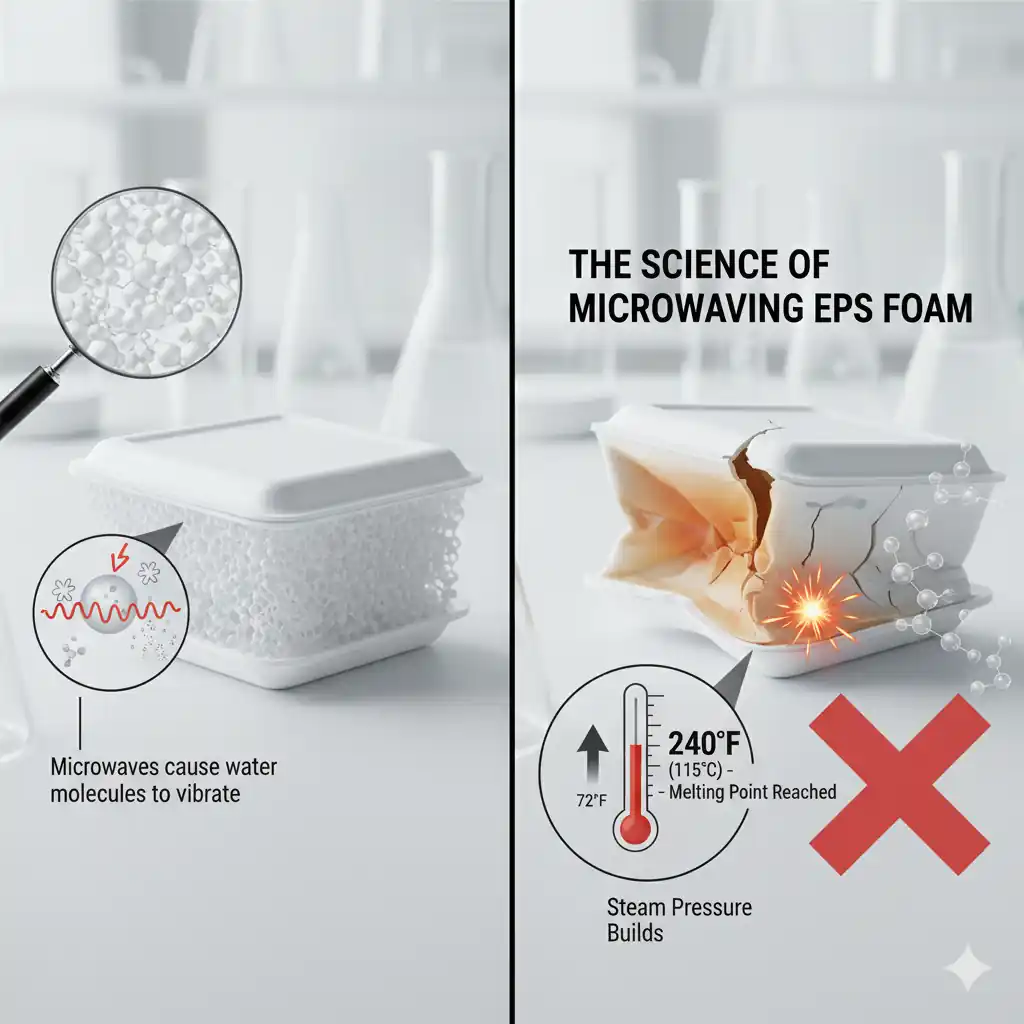 A split image illustrating the science of microwaving EPS foam. One side shows microwaves vibrating water molecules near EPS, and the other side shows a melted, cracked foam container with a thermometer indicating 240°F (115°C) melting point.