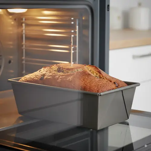 Testing banana bread doneness with a metal skewer in a golden-brown loaf inside an oven