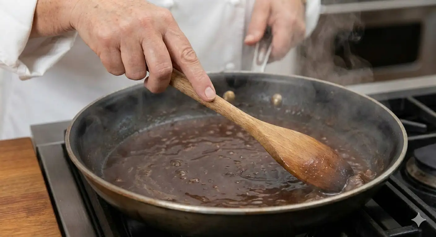 A close-up of a chef's hand stirring a dark, simmering sauce in a pan on a stovetop, with steam rising from the reduced liquid.
