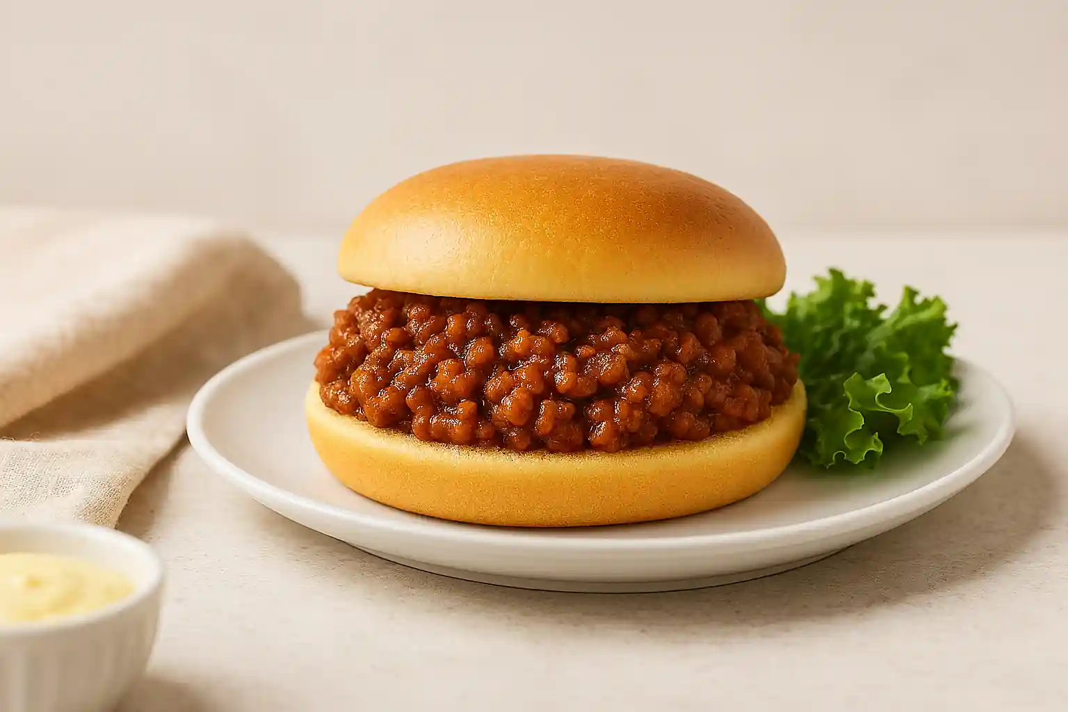 Kid-friendly Sloppy Joe on a soft hamburger bun, plated simply with mild sweet beef filling, styled in bright natural kitchen lighting.