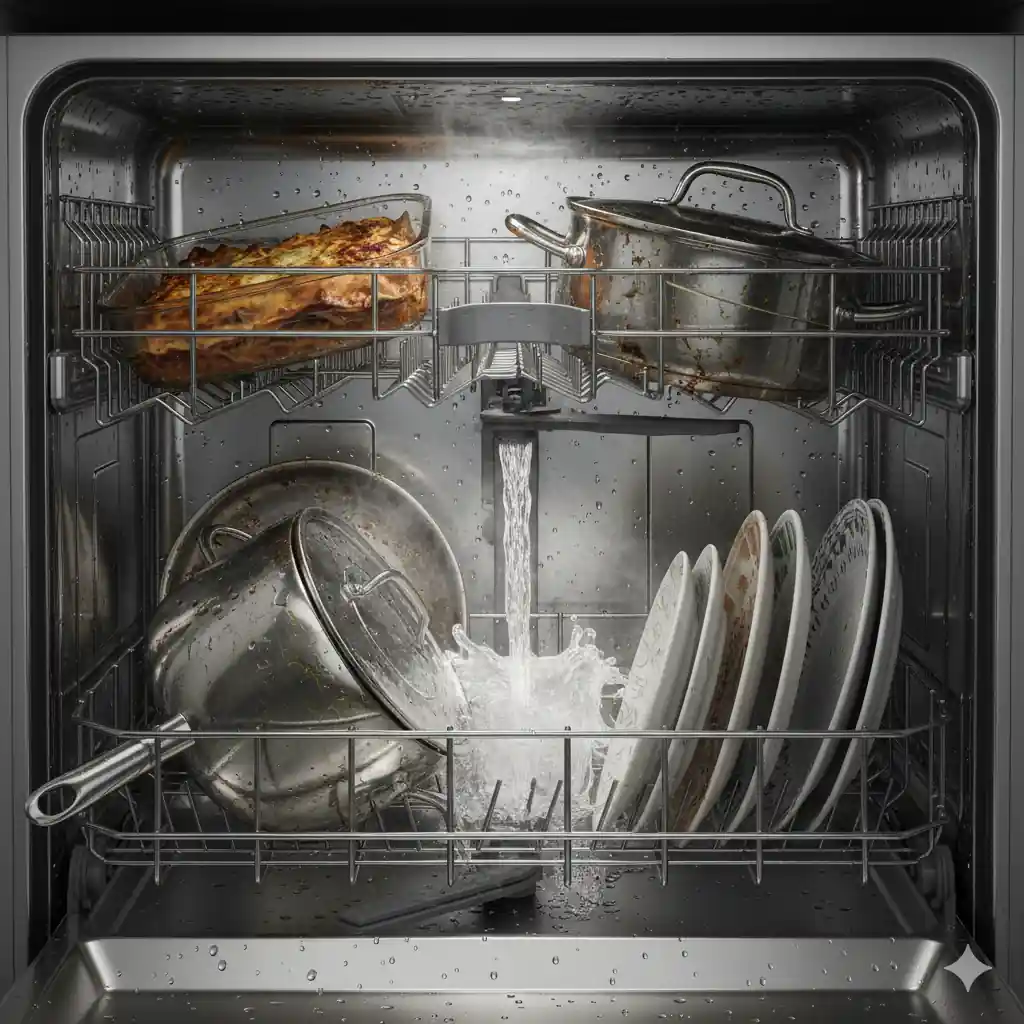 Dishwasher interior with heavily soiled pots, pans, and a baking dish during a heavy-duty wash cycle, showing water jets cleaning baked-on food.