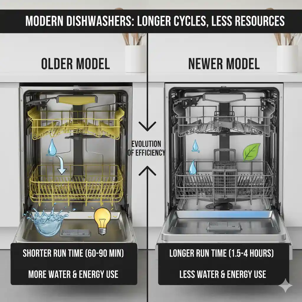 Comparison image of an older dishwasher model with shorter run time (60-90 min), more water and energy use, versus a newer model with longer run time (1.5-4 hours), less water and energy use, highlighting efficiency evolution.