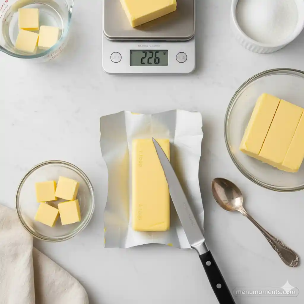 Various methods for measuring butter: wrapper markings, kitchen scale (226g), and measuring cup for accurate recipe preparation.