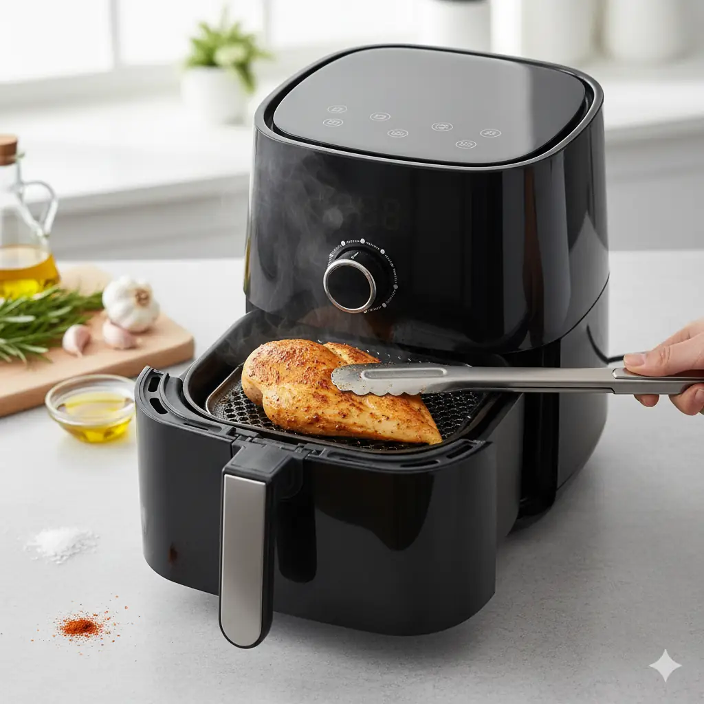 Hand using tongs to flip a perfectly seasoned chicken breast in an air fryer basket, with steam rising, showcasing the appliance's ease of use.
