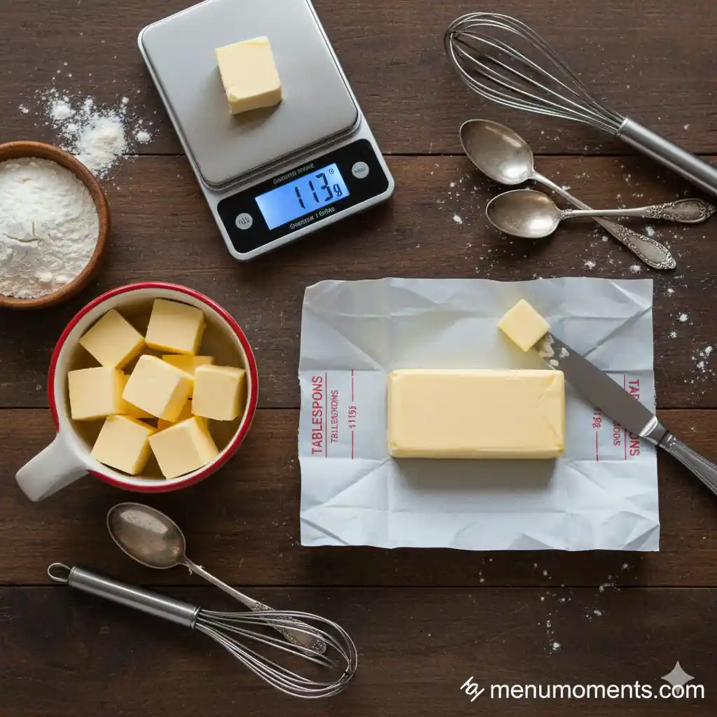 Butter measurement cheat sheet with stick of butter, digital scale showing 113g, measuring cup, and cut butter portions.
