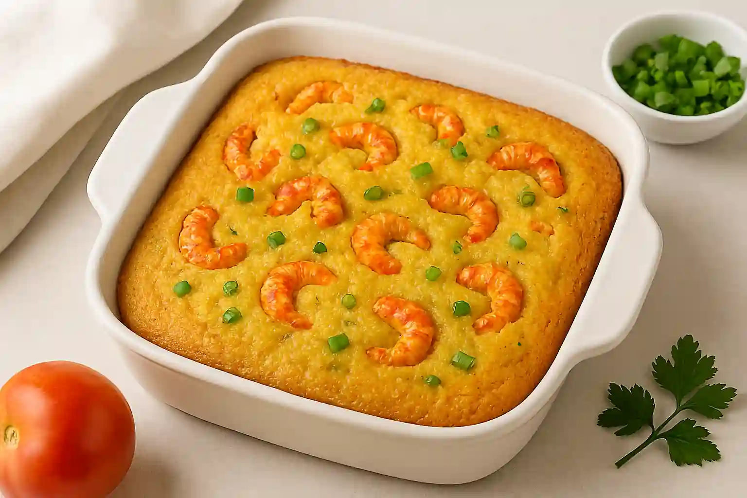 Freshly baked crawfish cornbread in a white ceramic dish, topped with crawfish tails and scallions, styled with natural lighting and a minimal background.
