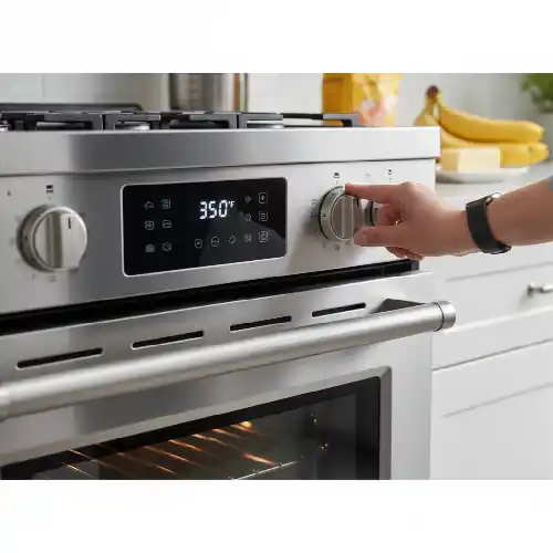 Hand adjusting stainless steel oven knob set to 350°F with door ajar and warm interior glow in modern kitchen