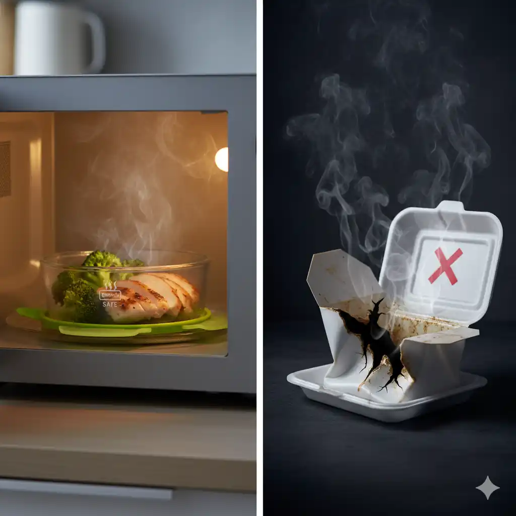 A split image showing a microwave-safe glass container with food in a microwave on one side, and a severely melted, smoking non-microwave-safe foam container on the other.
