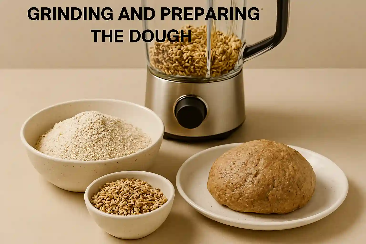Rustic dough ball and freshly milled sprouted grain flour beside blender and grain mill