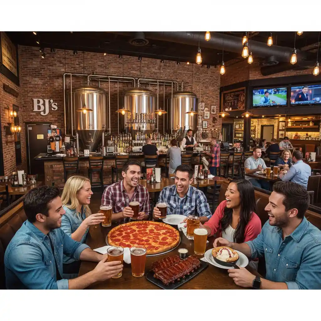 Group of happy friends dining and toasting beers at a BJ's Restaurant Brewhouse, enjoying pizza, ribs, and Pizookie in a lively atmosphere.