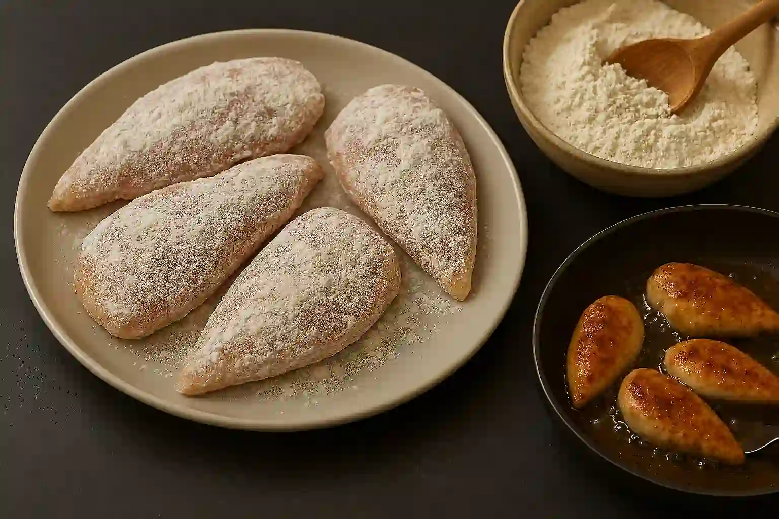 Breading station with flour, beaten eggs, and breadcrumbs used for preparing chicken breast beside a frying pan