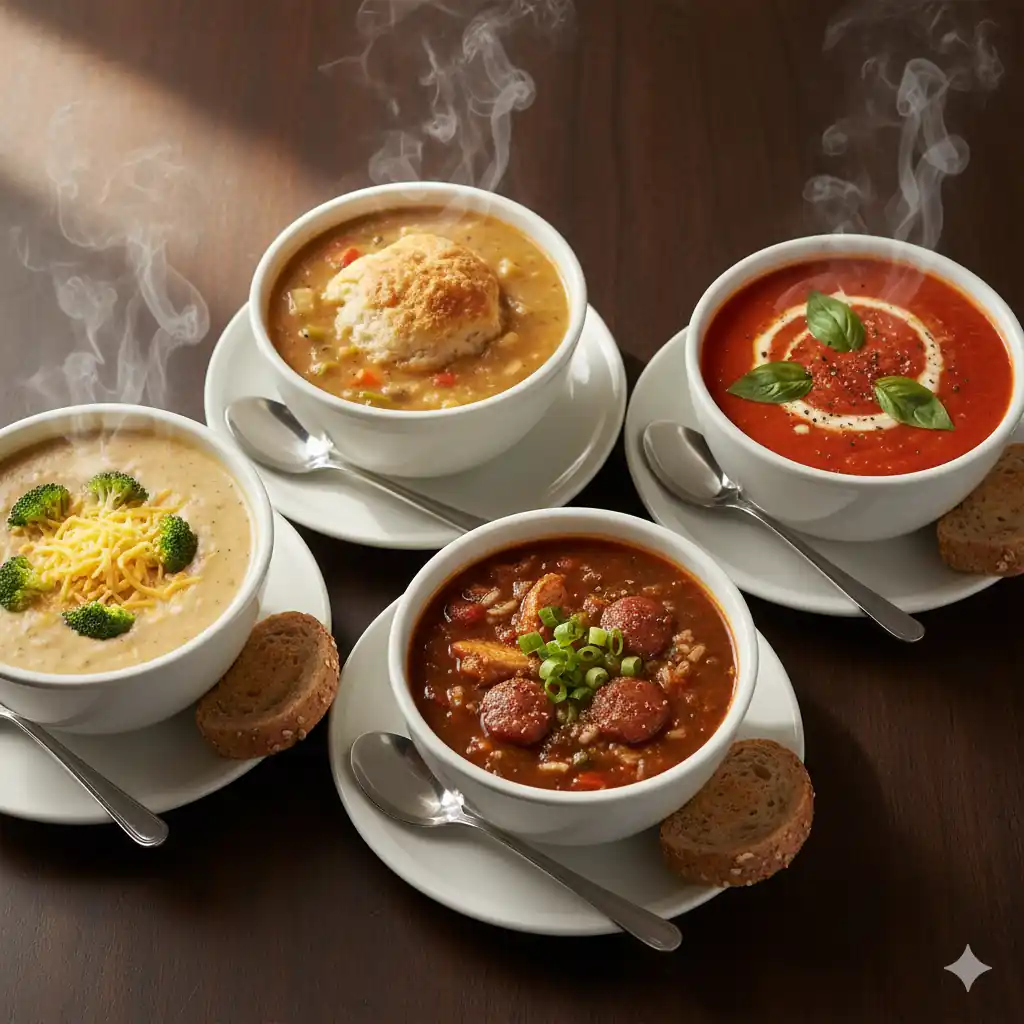 Four steaming bowls of Jason's Deli's popular soups: Broccoli Cheese, Chicken Pot Pie, Gumbo, and Tomato Basil, served with bread on a dark wooden table.