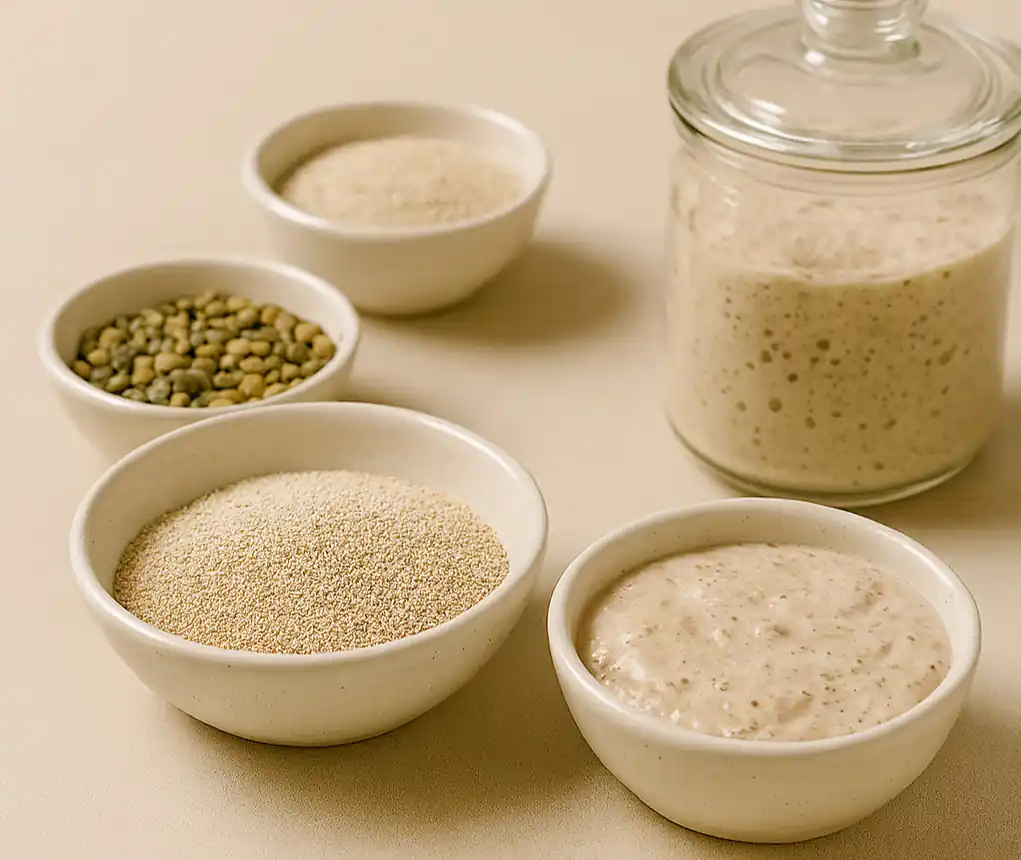 Three Ezekiel bread styles—yeast-risen, sourdough, and unleavened—plated with bowls of yeast and starter