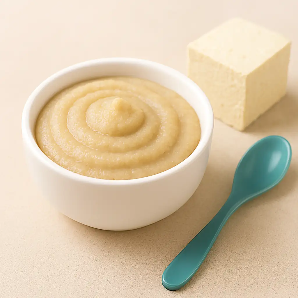 Tofu-based baby puree in a white bowl with tofu block and teal baby spoon on neutral background