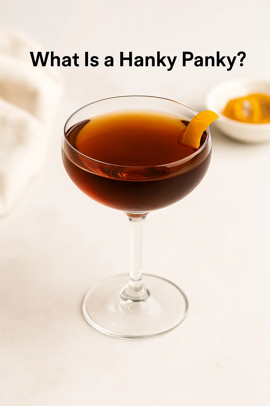 Hanky Panky cocktail in a coupe glass with amber hue and orange twist garnish, styled on white marble with natural lighting.