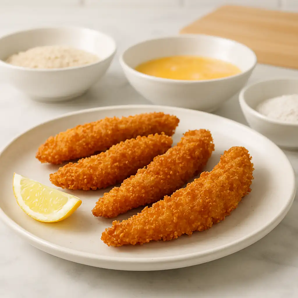 Crispy golden chicken fries plated on a ceramic dish with a lemon wedge, surrounded by bowls of flour, egg wash, and breadcrumbs in a bright natural kitchen setting.