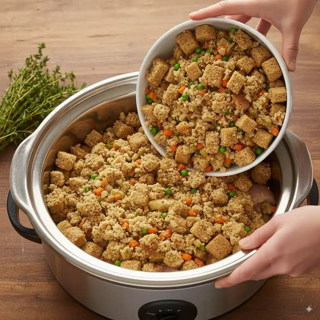 Adding cornbread stuffing mix with peas and carrots into a slow cooker for a hearty homemade meal