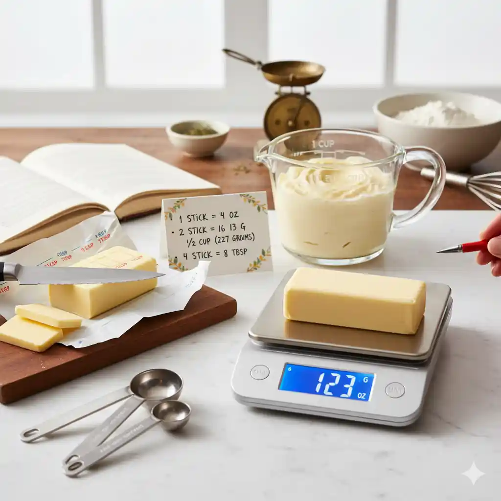  Kitchen counter with butter sticks, a measuring cup, a food scale showing 123 grams, and a handwritten conversion chart for butter.