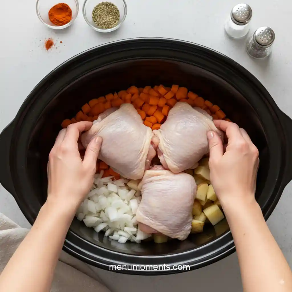 Hands placing raw bone-in chicken thighs on top of chopped vegetables in a black crockpot, with small bowls of herbs and spices in the background. Branding: menumoments.com