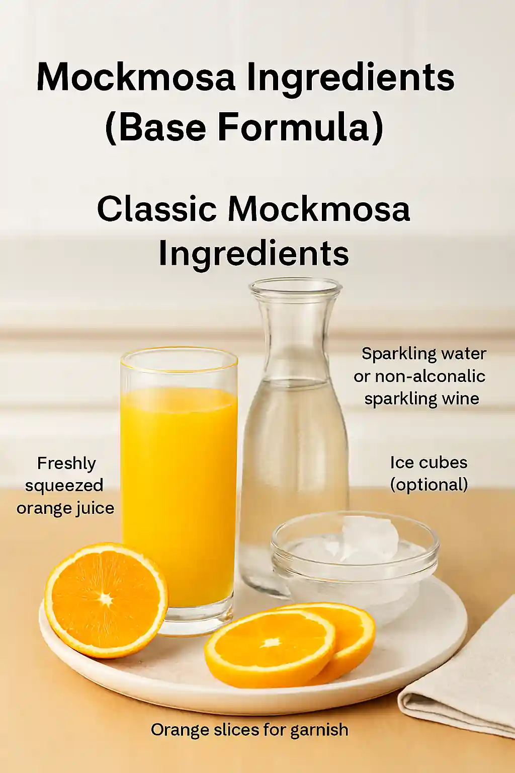 Classic mockmosa ingredients including orange juice, sparkling water, ice cubes, and orange slices on a bright kitchen counter