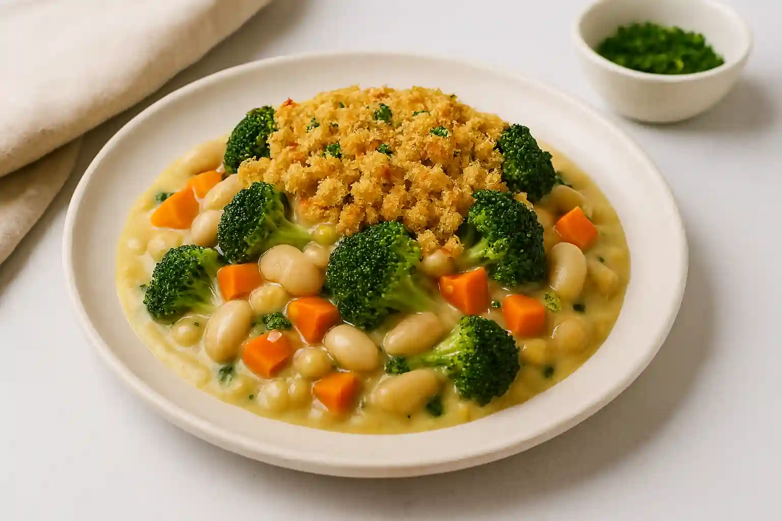 Healthy vegan casserole with broccoli, carrots, and white beans in creamy sauce topped with golden breadcrumbs on a ceramic plate.