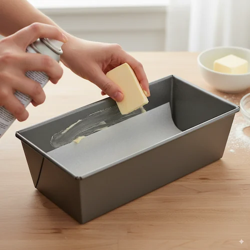 Greasing a parchment-lined loaf pan with butter and cooking spray on a wooden kitchen surface before baking