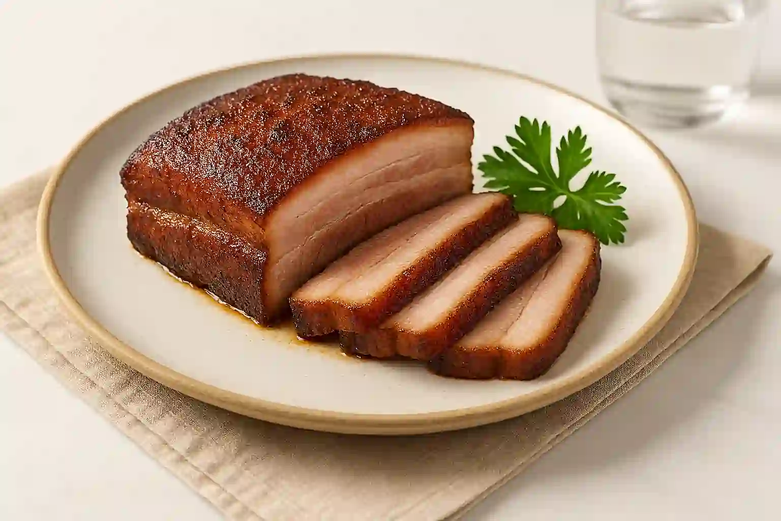 Sliced smoked pork belly with a caramelized crust, plated on a white ceramic dish with parsley garnish, captured in bright natural kitchen lighting with a minimal modern background.
