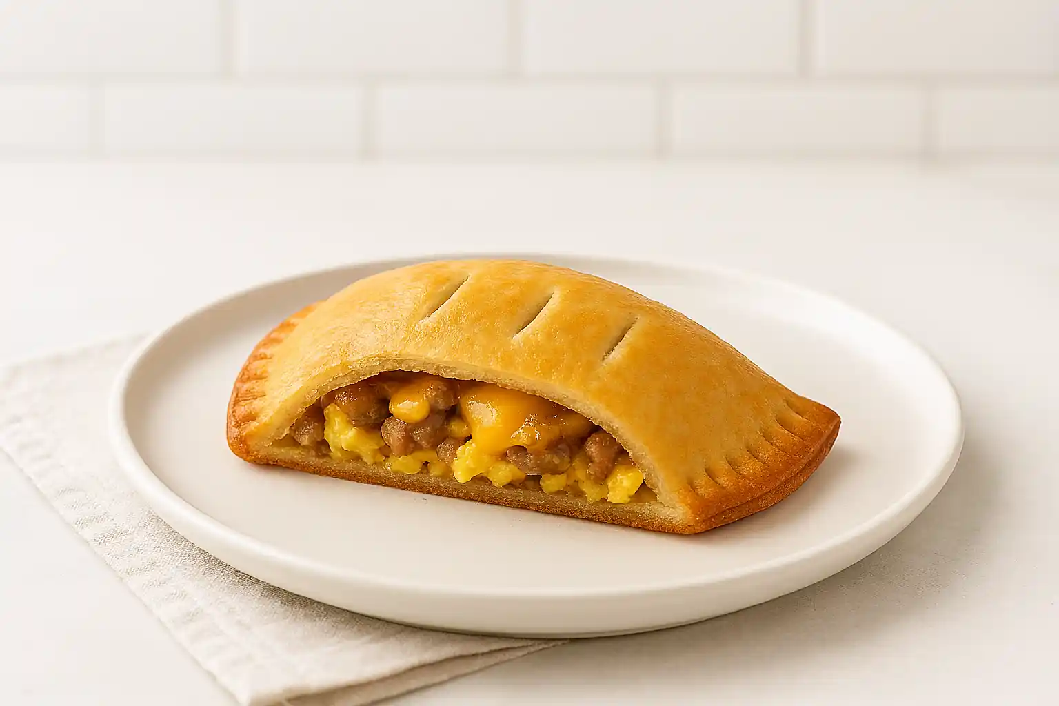 Golden breakfast hand pie sliced open to reveal eggs, cheese, and sausage on a white plate in bright kitchen lighting