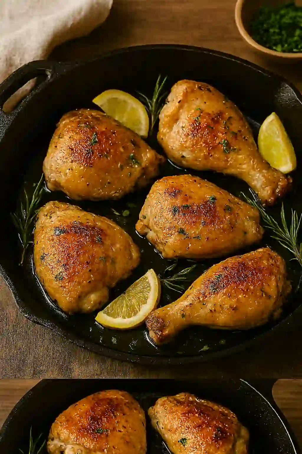 Golden-brown chicken drumsticks and thighs in a cast iron skillet, garnished with herbs and lemon wedges on a wooden surface