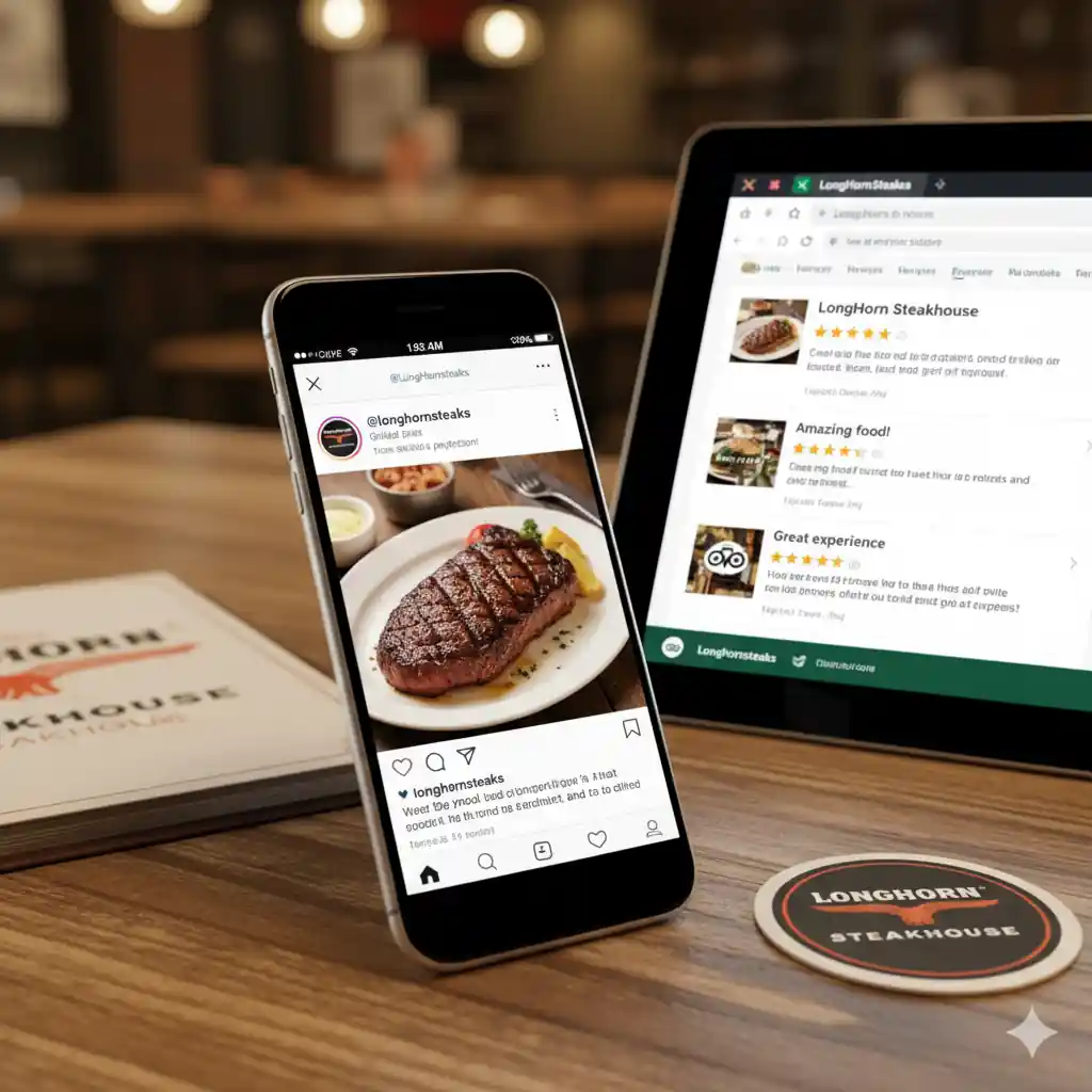A smartphone displaying an Instagram post from @longhornsteaks featuring a grilled steak, and a tablet showing online reviews for Longhorn Steakhouse.