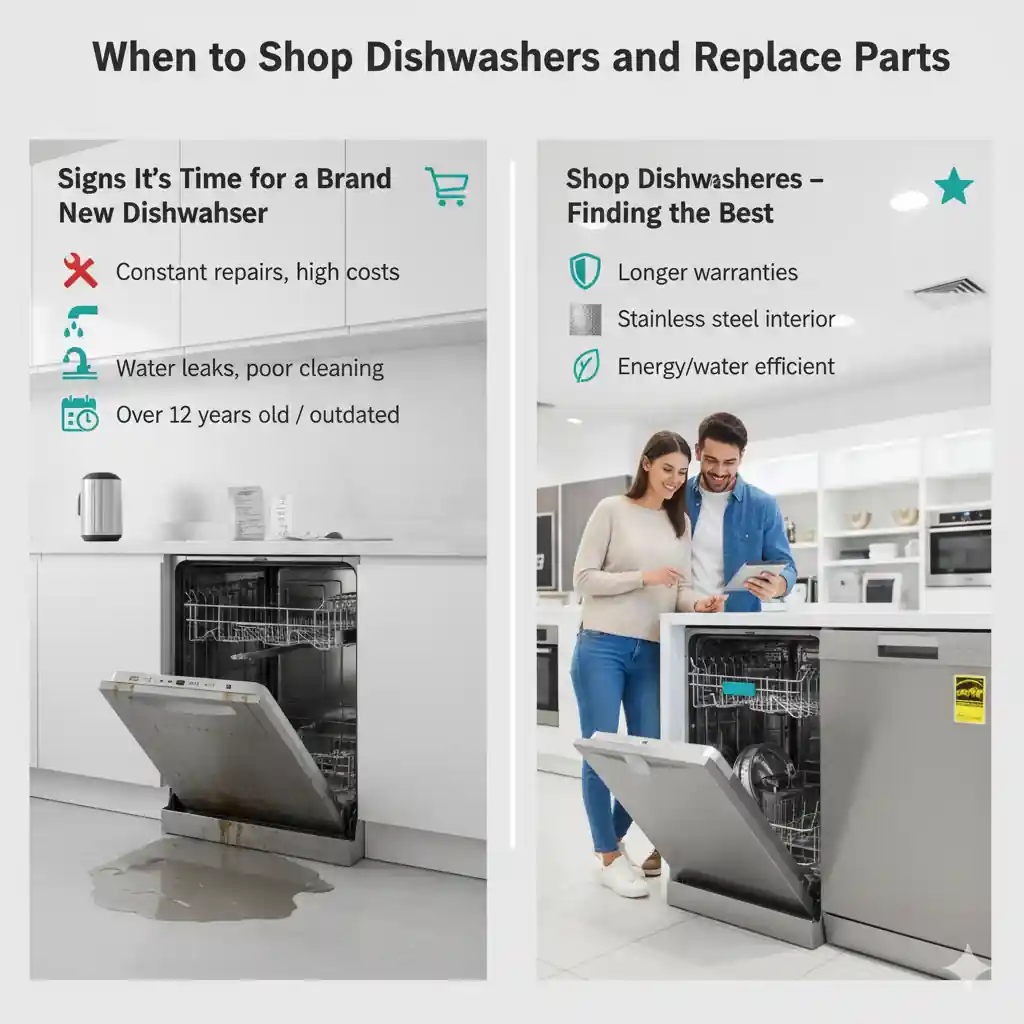 A split image illustrating when to replace a dishwasher. The left side shows a leaky, old dishwasher with a list of "Signs It's Time for a Brand New Dishwasher" (constant repairs, leaks, over 12 years old). The right side shows a couple shopping for a new, energy-efficient dishwasher, with "Finding the Best Dishwasher" criteria (longer warranties, stainless steel, energy-efficient).