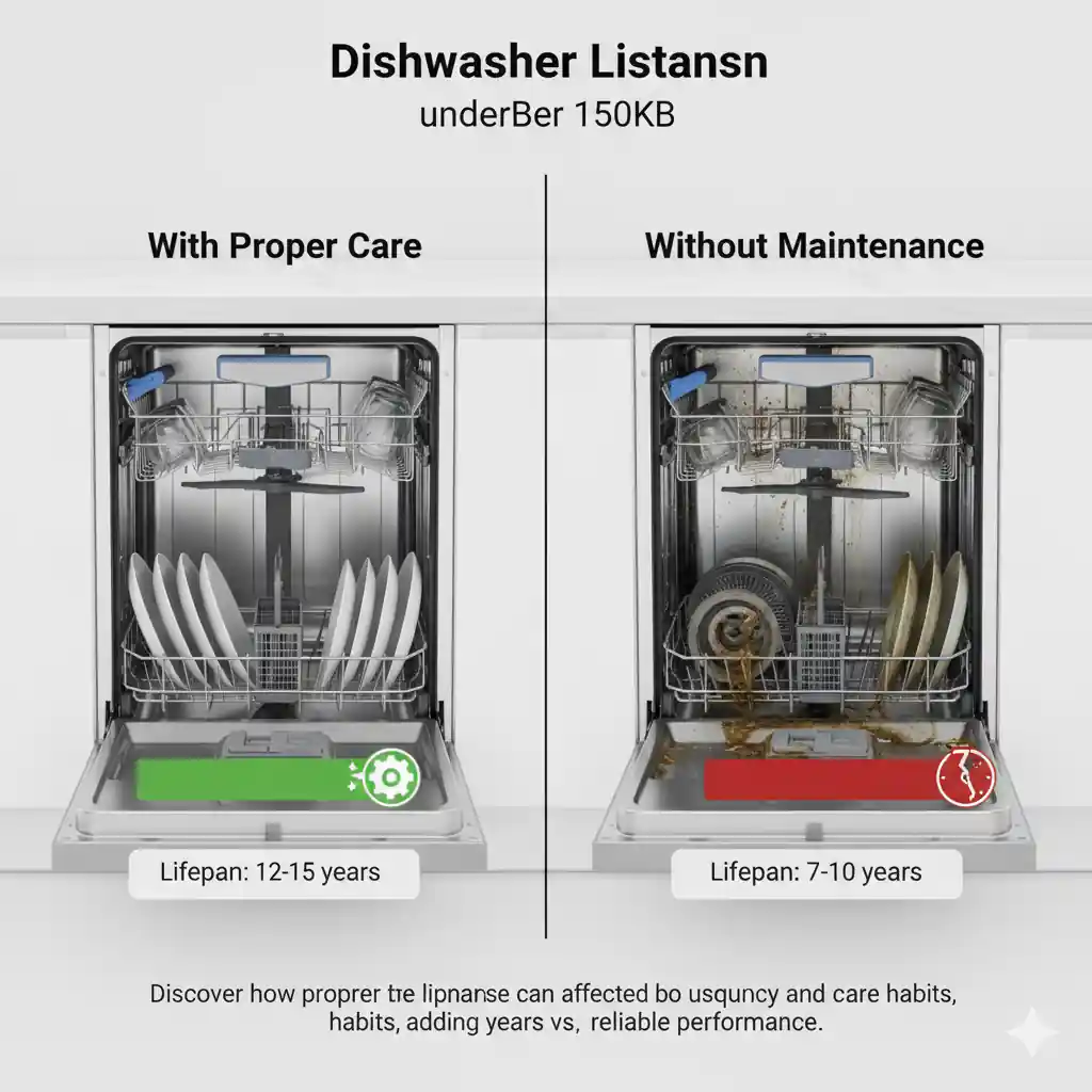 A split image showing two dishwashers. The left side shows a clean dishwasher with sparkling dishes and a green "With Proper Care" bar indicating a 12-15 year lifespan. The right side shows a dirty, unmaintained dishwasher with soiled dishes and a red "Without Maintenance" bar indicating a 7-10 year lifespan.