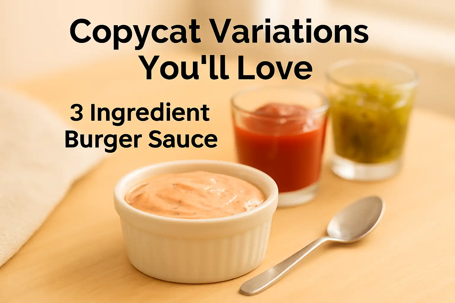 A small white ceramic bowl filled with creamy orange-pink burger sauce made from mayonnaise, ketchup, and pickle relish, placed on a light wooden surface with natural lighting and minimal background.