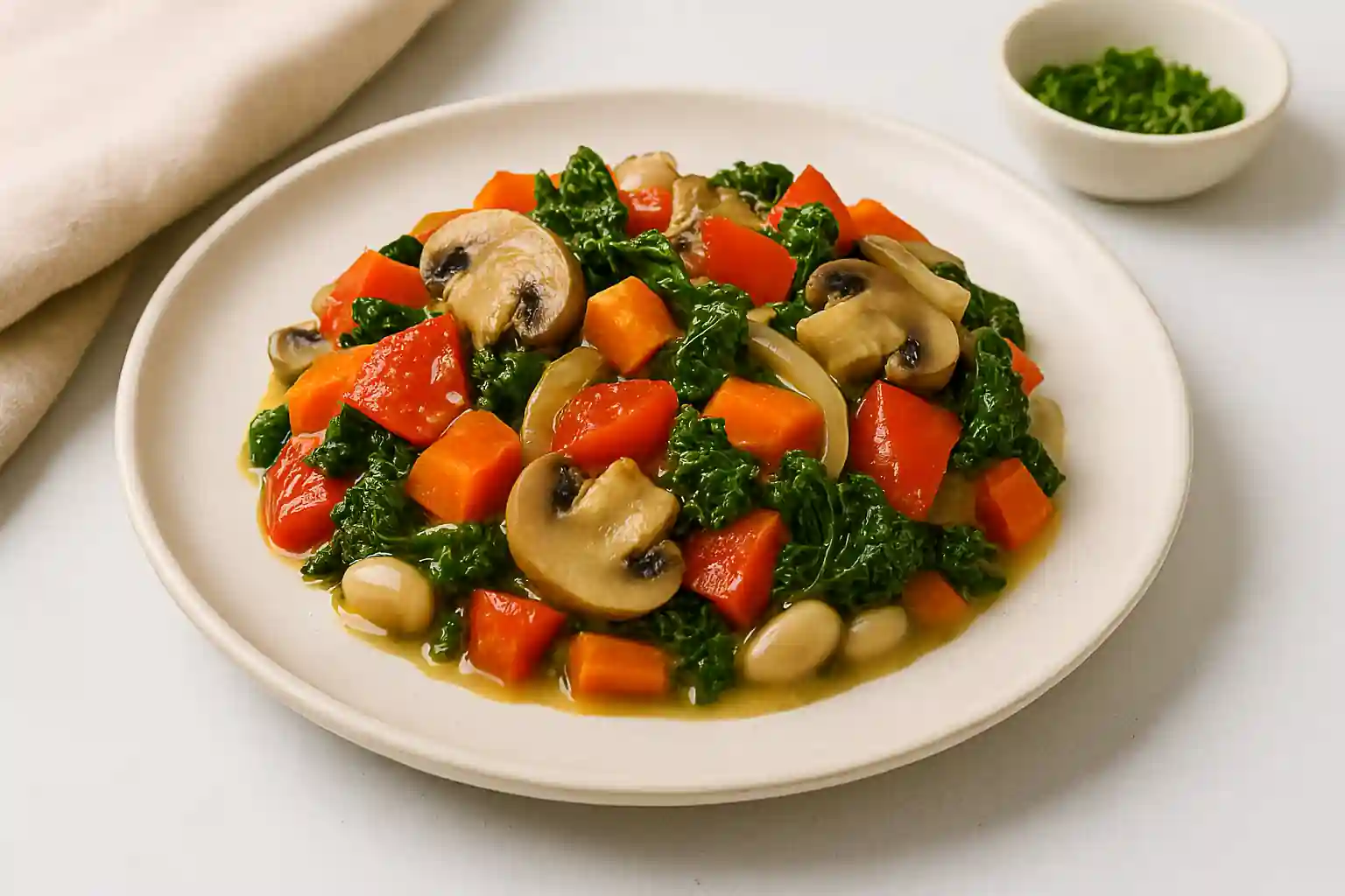 Vegan casserole with bell peppers, onions, garlic, mushrooms, tomatoes, kale, and carrots in creamy sauce on a ceramic plate.